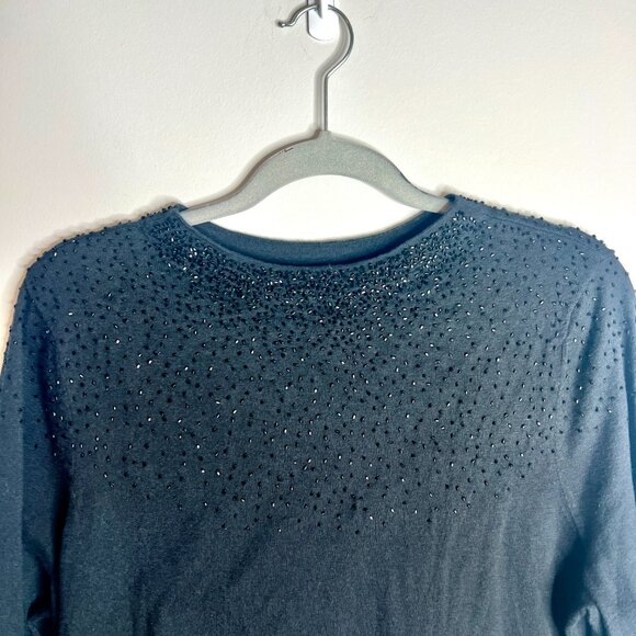 Talbots Black Sequined Lightweight Sweater Soft 3/4 Sleeves Holiday Festive XL - Picture 2 of 5